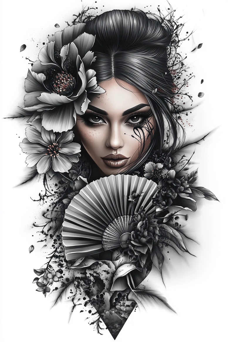 geisha tattoo design ideas Realism dynamic shadows soft lines represents resilience