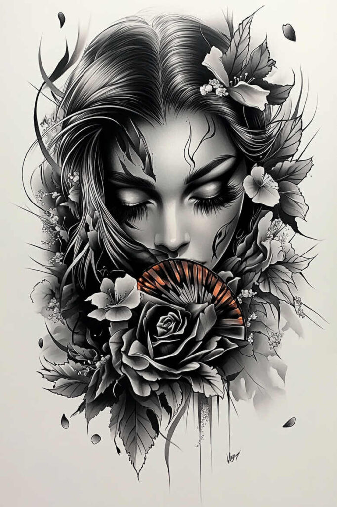 Woman portrait in grayscale with a rose, flowers, leaves, and a decorative hand fan; black and grey tattoo design; AI-generated tattoo project; cover-up-ready pattern.