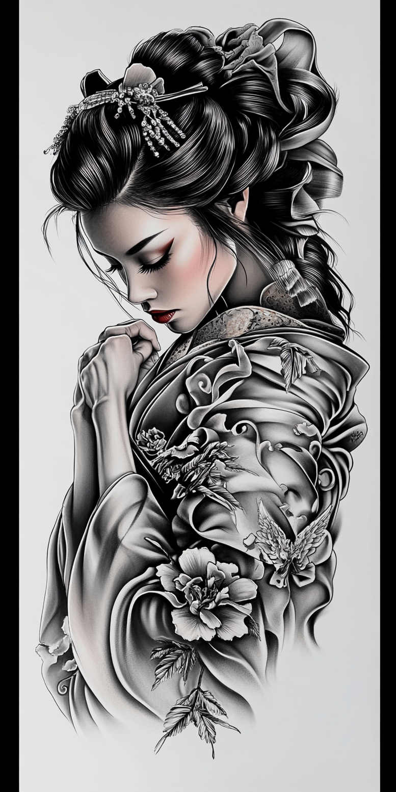 geisha tattoo design ideas Realism real shadows subtle colors for arm