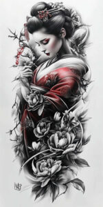geisha tattoo design ideas mirrored effect subtle colors for nape