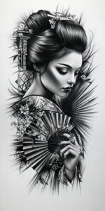 geisha tattoo design ideas Surrealism dreamlike subtle colors for side