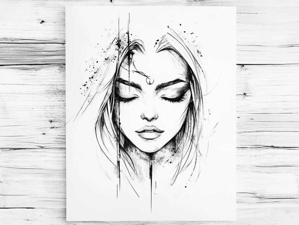 Black and grey line portrait of a woman with closed eyes, flowing hair, a small forehead dot, and ink splatter pattern; tattoo design idea, not suitable for cover-up.