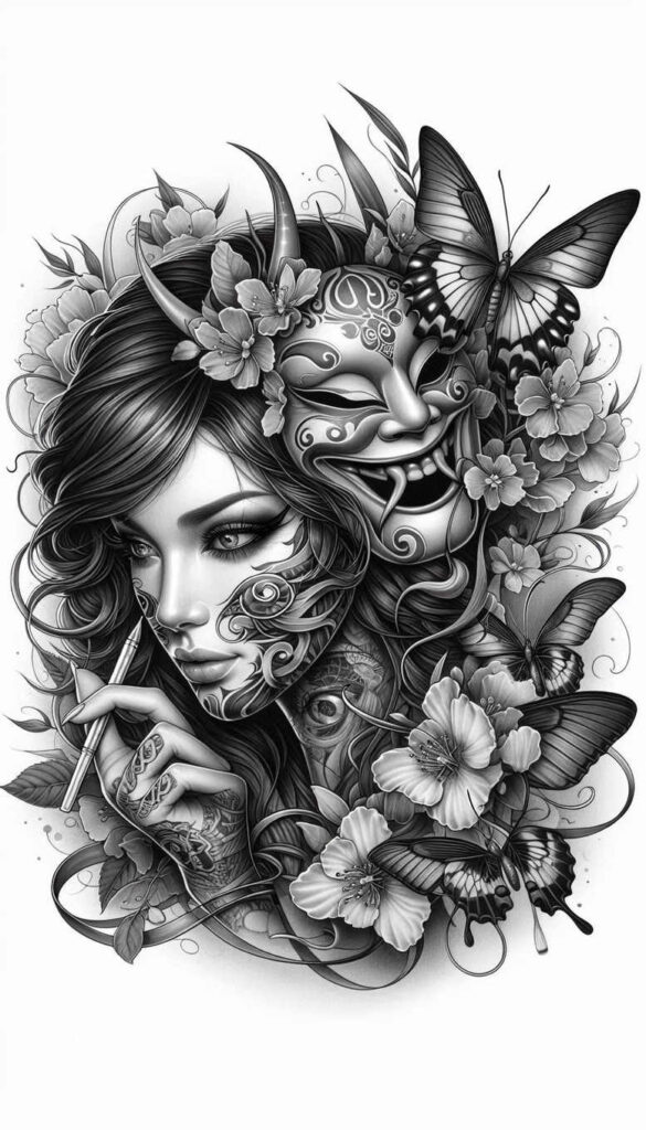Woman portrait in black and grey with ornate mask, blossoms, and butterflies; AI-generated tattoo project; suitable for cover-up.