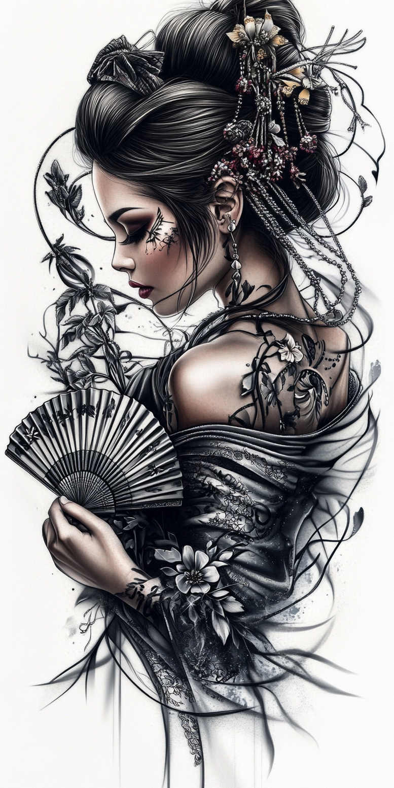 geisha tattoo design ideas dynamic composition symbolic meaning symbolising endurance
