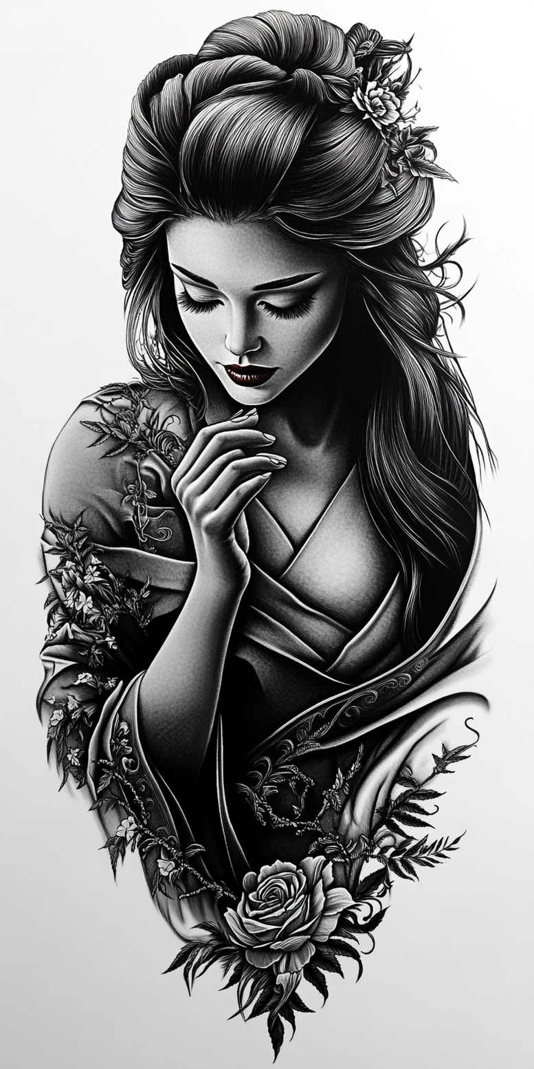 geisha tattoo design ideas Realism blended gradients traditional for lower thigh