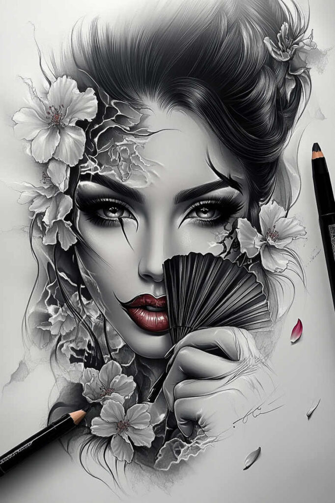 Portrait of a woman in black and grey with flowers, a fan, and pencil; AI-generated tattoo project; suitable for a cover-up.