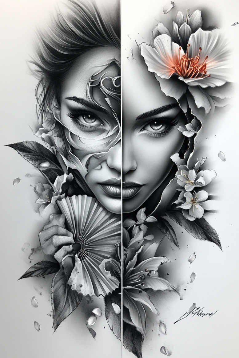 geisha tattoo design ideas Surrealism ethereal traditional hairstyle for biceps