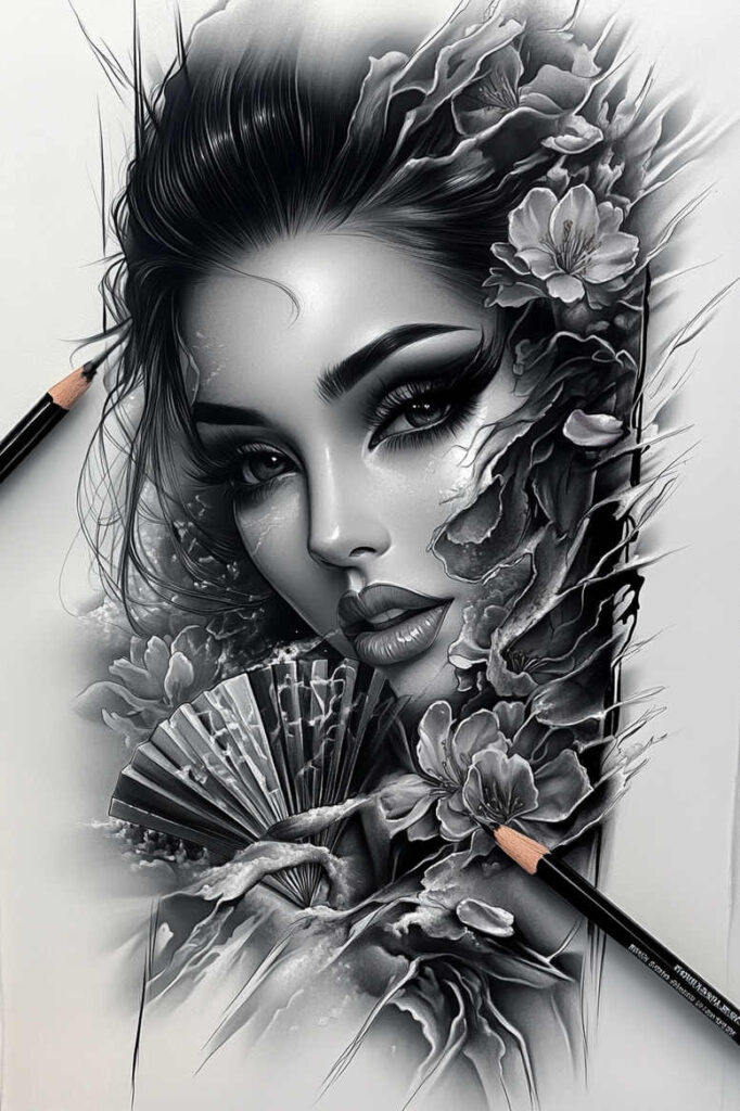 geisha tattoo design ideas Realism natural look traditional hairstyle resilience and power