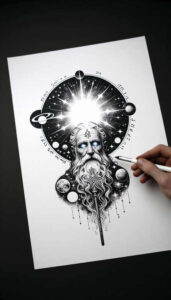 god-of-universe – tattoo design ideas free ai generated – neotraditional-bold-texture – for-upper-shoulder – Gallery: god-inkby-ai