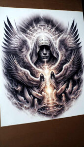 prayer-god – tattoo design ideas free ai generated – neotraditional-rich-blacks – for-back – Gallery: god-inkby-ai