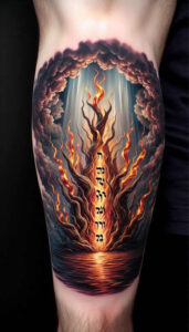 Color tattoo design featuring a central fiery tree of life with flames around a trunk, set against a dark blue-purple background; project idea, cover-up suitable.