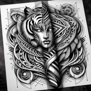 detailed-graphic – tattoo design ideas free ai generated – hexagonal-grid – for-thigh – Gallery: graphic-inkby-ai