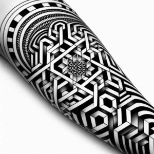 graphic tattoo design ideas engraved motif layered geometry embodying determination
