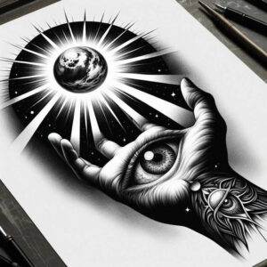 artistic-hands – tattoo design ideas free ai generated – surrealism-enigmatic – for-back-shoulder – Gallery: hands-inkby-ai