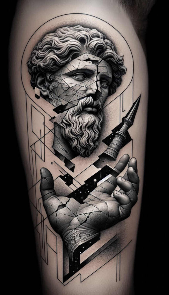 Black and grey bust of a classical statue with circular halo, geometric face fragments, crack pattern on the hand, and a spire; tattoo design idea, cover-up-ready.