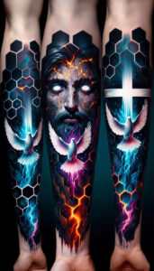 comforter – tattoo design ideas free ai generated – neotraditional-dynamic-linework – for-upper-back – Gallery: holy-spirit-inkby-ai