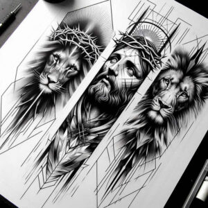 jesus-holy-love-tattoo – tattoo design ideas free ai generated – realism-true-skin – for-upper-thigh – Gallery: jesus-inkby-ai