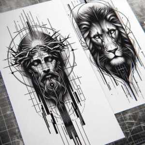 praying-jesus-tattoo – tattoo design ideas free ai generated – neotraditional-clean-fill – for-thigh – Gallery: jesus-inkby-ai