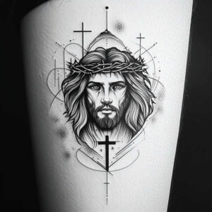 jesus tattoo design ideas Realism soft contrast divine presence for behind ear