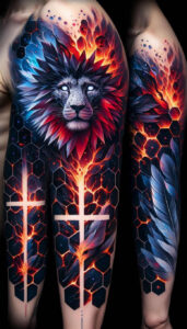 lion-with-lines – tattoo design ideas free ai generated – realism-visual-truth – for-neck – Gallery: lions-inkby-ai