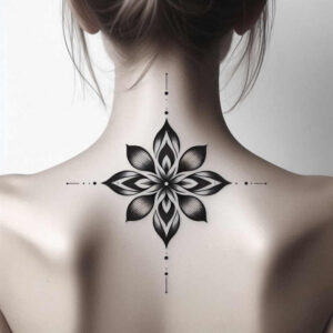 Back view of a black and grey cross-shaped floral mandala tattoo on the upper back with dot and line accents; black ink, project, cover-up suitable.