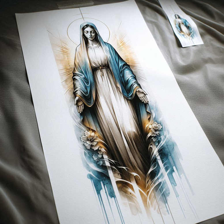 mary-and-protection – tattoo design ideas free ai generated – light-play – for-temple – Gallery: mary-inkby-ai