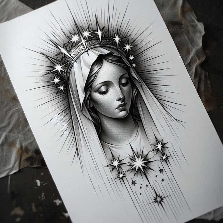 mary-as-role-model – tattoo design ideas free ai generated – realistic-shadowing – for-calf – Gallery: mary-inkby-ai
