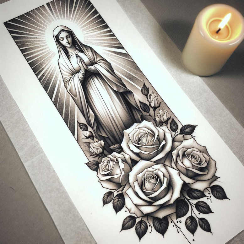 mary-in-christian-tradition – tattoo design ideas free ai generated – skin-texture – for-lower-thigh – Gallery: mary-inkby-ai