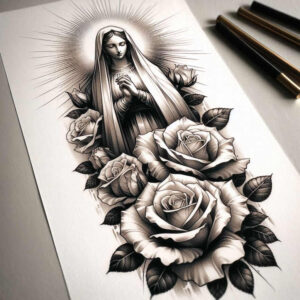 mary-purity-symbol – tattoo design ideas free ai generated – natural-finish – for-scapula – Gallery: mary-inkby-ai