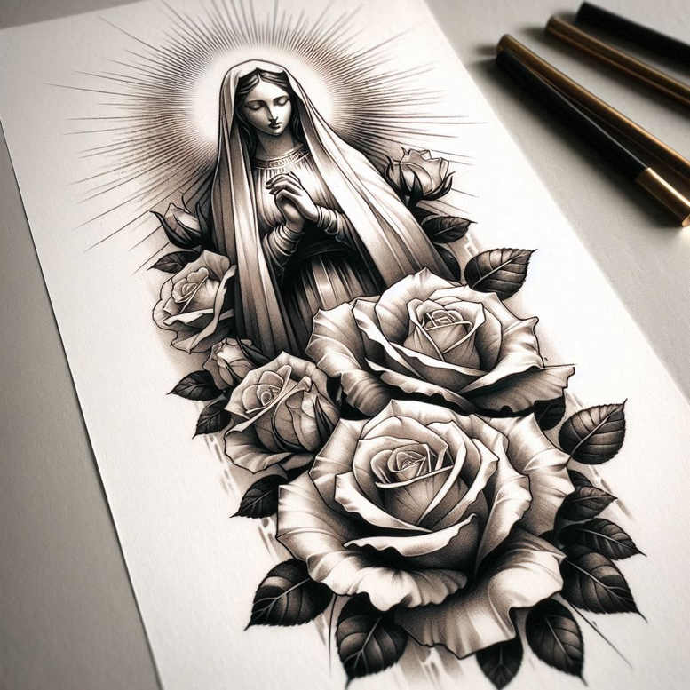 mary-purity-symbol – tattoo design ideas free ai generated – natural-finish – for-scapula – Gallery: mary-inkby-ai