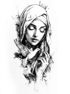 mary-with-cloak – tattoo design ideas free ai generated – sharp-focus – for-biceps – Gallery: mary-inkby-ai