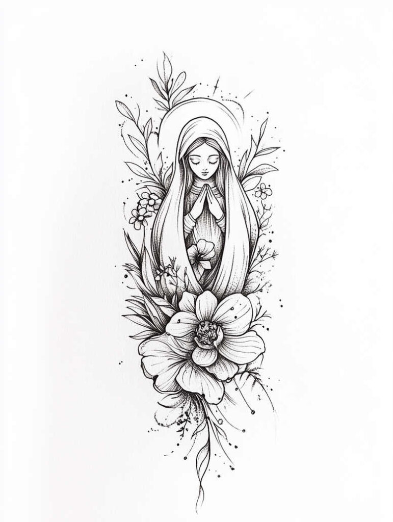 mary-with-crown-of-thorns – tattoo design ideas free ai generated – deep-shadows – for-biceps – Gallery: mary-inkby-ai
