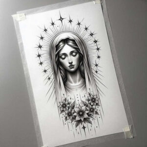 mary-with-detail – tattoo design ideas free ai generated – sharp-focus – for-ribs – Gallery: mary-inkby-ai