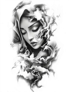 mary-with-halo – tattoo design ideas free ai generated – optical-illusion – for-calf – Gallery: mary-inkby-ai