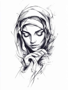 mary-with-shadow – tattoo design ideas free ai generated – realistic-texture – for-collarbone – Gallery: mary-inkby-ai