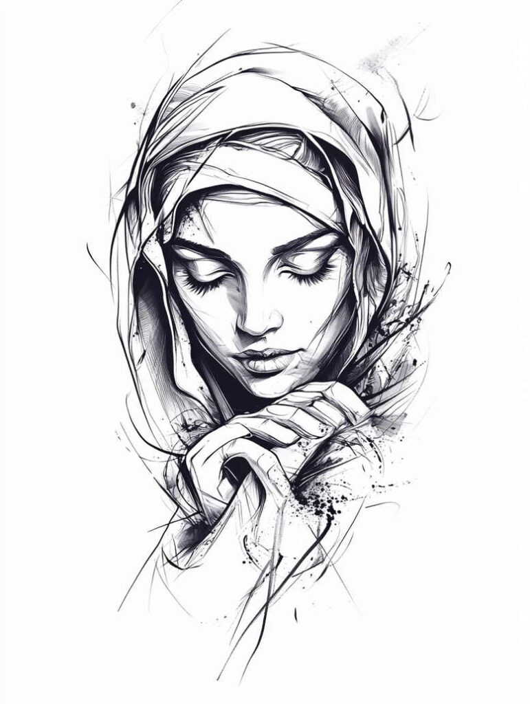 mary-with-shadow – tattoo design ideas free ai generated – realistic-texture – for-collarbone – Gallery: mary-inkby-ai