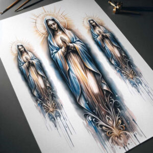 mary tattoo design ideas strong outlines serene expression represents perseverance