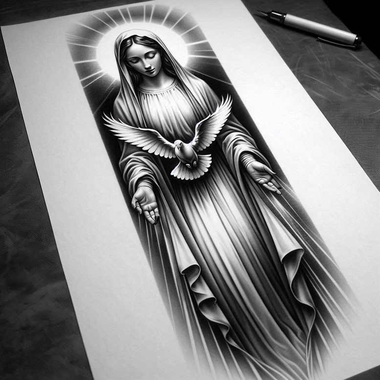 virgin-mary-with-heart – tattoo design ideas free ai generated – clean-background – for-back-of-neck – Gallery: mary-inkby-ai