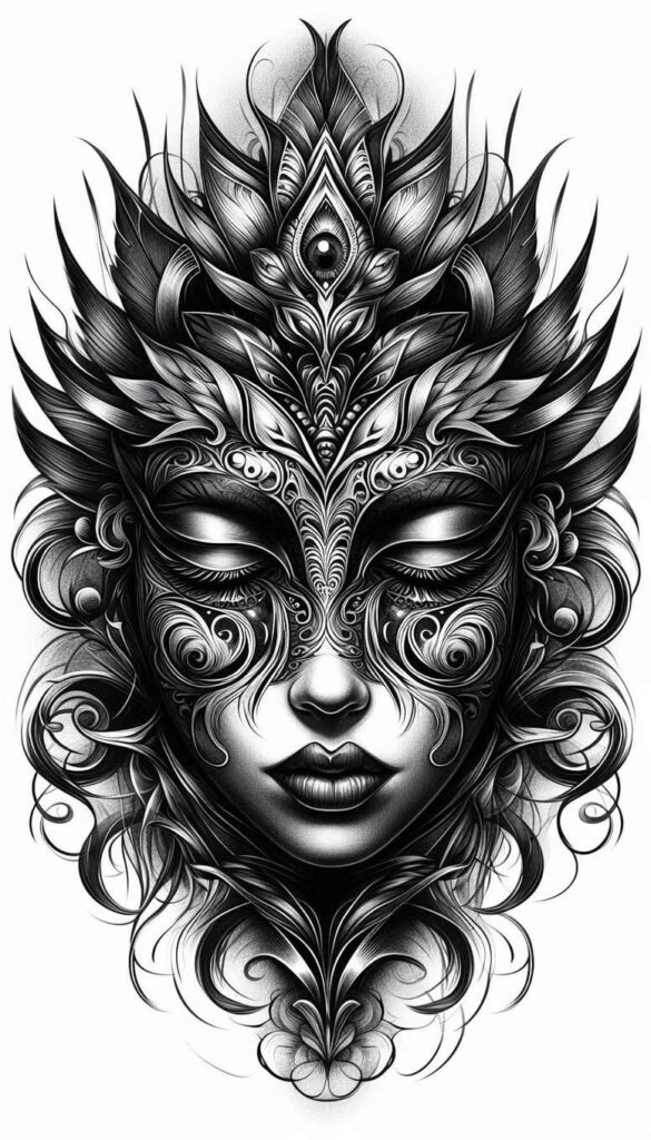 african-mask – tattoo design ideas free ai generated – realism-optical-illusion – for-stomach – Gallery: masks-inkby-ai
