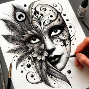 artistic-mask – tattoo design ideas free ai generated – surrealism-psychological-depth – for-lower-leg – Gallery: masks-inkby-ai