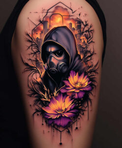 curved-lines-mask – tattoo design ideas free ai generated – realism-natural-tones – for-thigh – Gallery: masks-inkby-ai