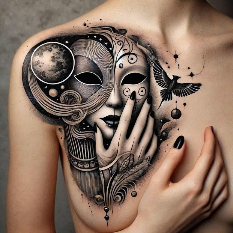 detailed-mask – tattoo design ideas free ai generated – realism-photorealistic-drawing – for-side-torso – Gallery: masks-inkby-ai