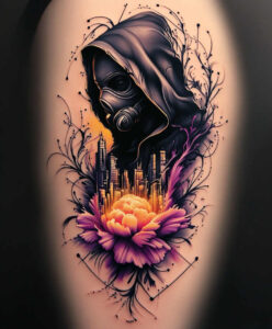 energetic-mask – tattoo design ideas free ai generated – neotraditional-layered-fill – for-spine – Gallery: masks-inkby-ai