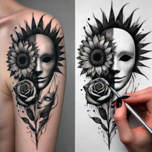 expressive-mask – tattoo design ideas free ai generated – neotraditional-detailed-linework – for-upper-thigh – Gallery: masks-inkby-ai