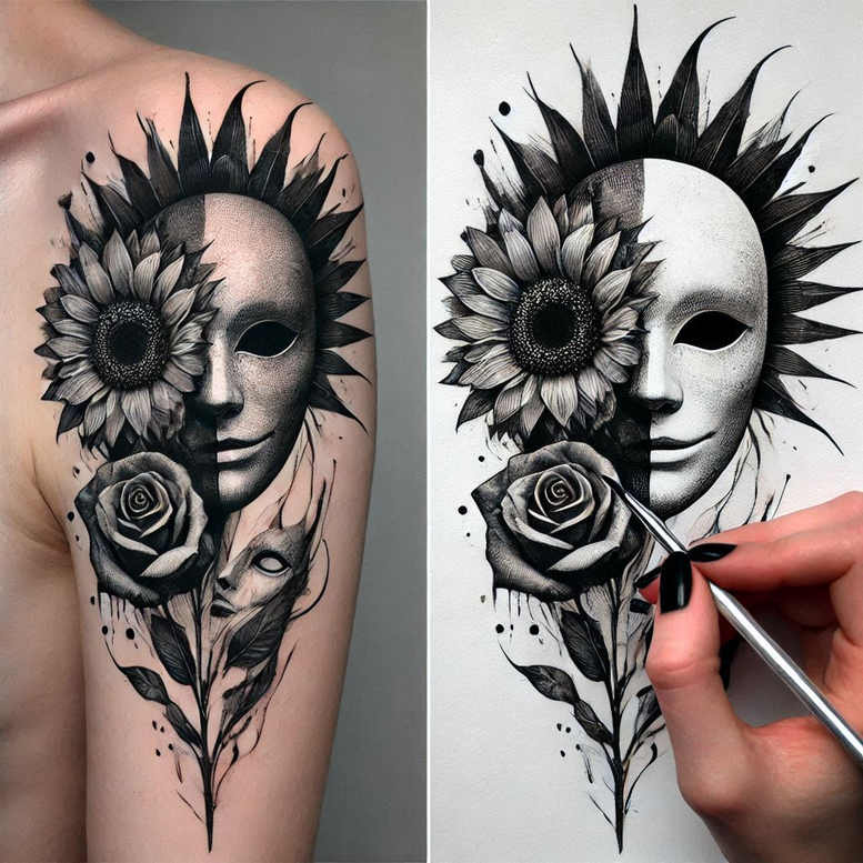expressive-mask – tattoo design ideas free ai generated – neotraditional-detailed-linework – for-upper-thigh – Gallery: masks-inkby-ai