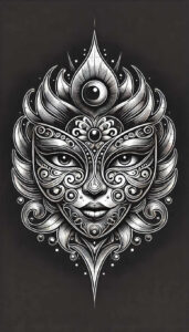 feathered-mask – tattoo design ideas free ai generated – surrealism-blurred-edges – for-side – Gallery: masks-inkby-ai