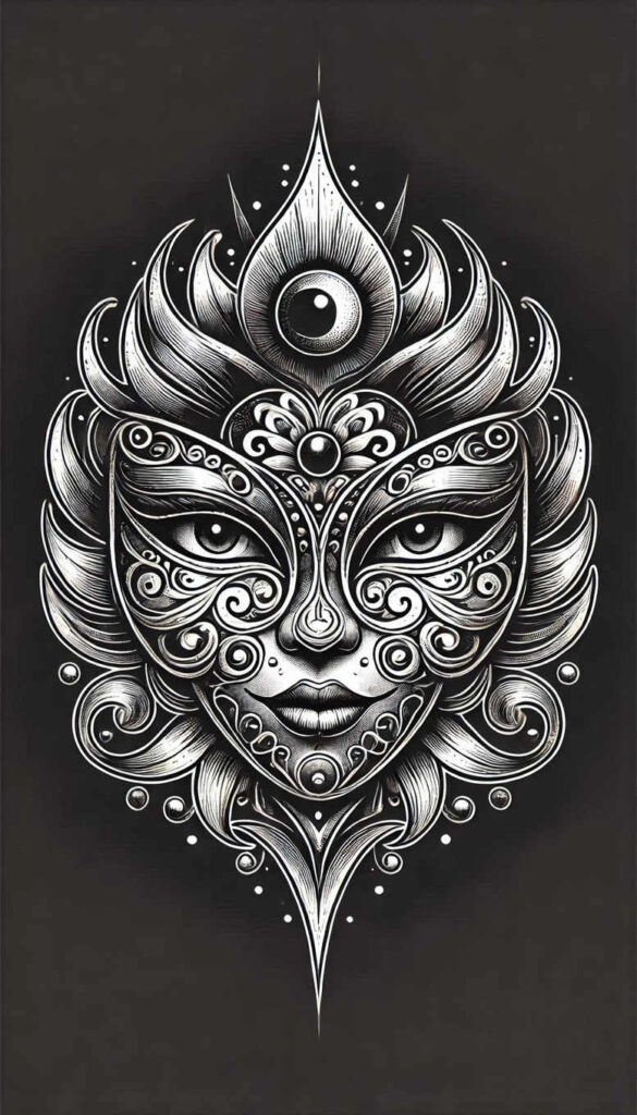 feathered-mask – tattoo design ideas free ai generated – surrealism-blurred-edges – for-side – Gallery: masks-inkby-ai