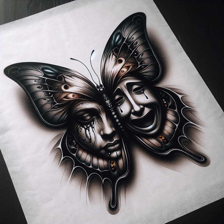 frilled-mask – tattoo design ideas free ai generated – realism-soft-contrast – for-upper-arm – Gallery: masks-inkby-ai