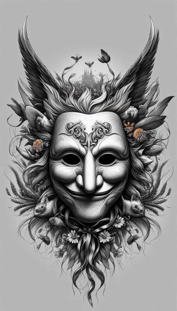 geometric-mask – tattoo design ideas free ai generated – neotraditional-enhanced-shading – for-triceps – Gallery: masks-inkby-ai