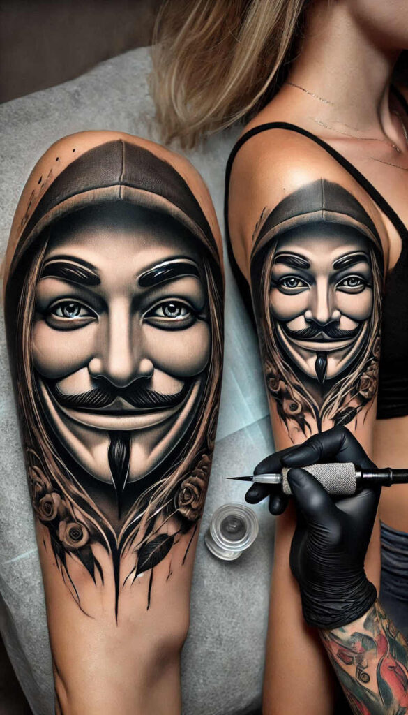 japanese-mask – tattoo design ideas free ai generated – surrealism-floating-elements – for-lower-leg – Gallery: masks-inkby-ai